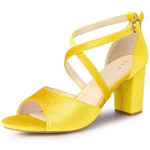 Cross Strap Velvet Block Heel Sandals Yellow